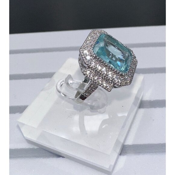 Aquamarine Cubic Zirconia White Crystal Ring Size 10 - Picture 7 of 16